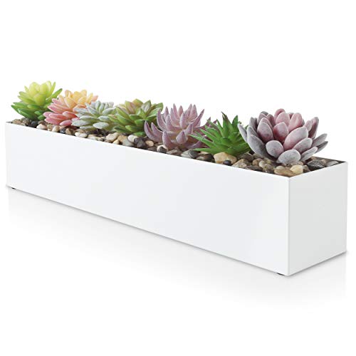 DR&Co Modern White Rectangle Planter Box | 16" Metal Planter Perfect as a Succulent Planter | Narrow Planter Box for Table or Window Sill Planters Indoor | Rectangular Stainless Steel Long Planter
