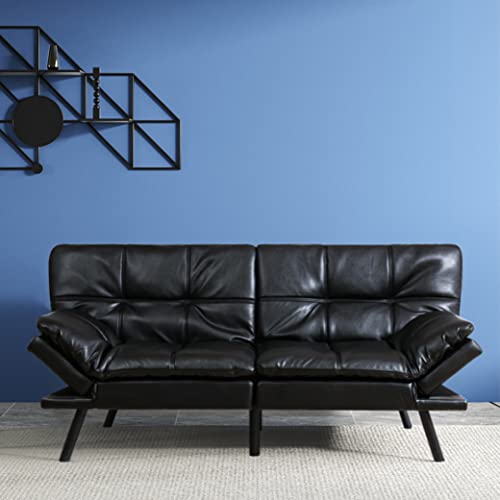 EGOHOME Futon Sofa Bed Faux Leather Sofa Couch, Convertible Sofa Loveseat with Adjustable Backrest and Armrest, Modern Futon Couch Bed for Studio, Apartment, Office and Dorm, Black