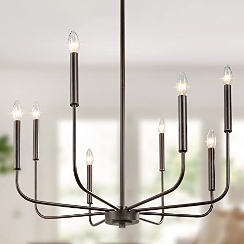 LALUZ Chandelier, Dining Room Lighting Fixtures Hanging, Chandelier Light Fixture with Dark Brown Speckled Finish, 26” Dia, Dimmable
