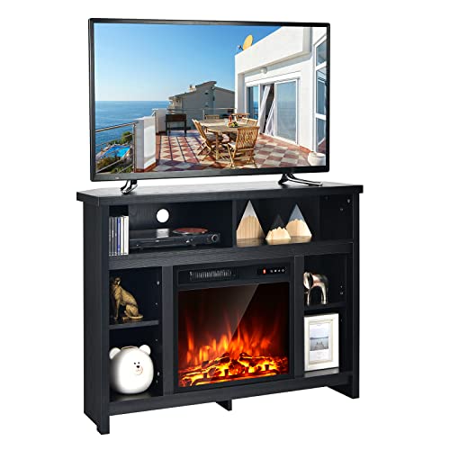 Tangkula Corner TV Stand for TVs Up to 48 Inch w/ Electric Fireplace, Insert Heater w/ 5 Brightness & Remote Control, TV Console Table w/ Cable Hole & Adjustable Shelf, Fireplace Entertainment Center