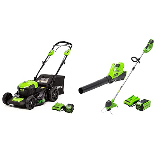 Greenworks 40V Brushless Self-Propelled Lawn Mower, 21-Inch Electric Lawn Mower & 40V Cordless String Trimmer and Leaf Blower Combo Kit, 2.0Ah Battery and Charger Included