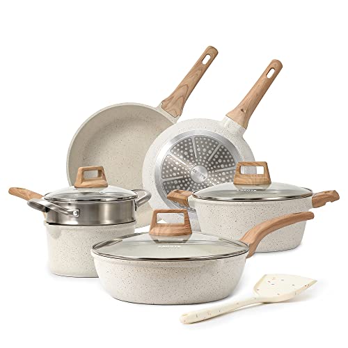 CAROTE Pots and Pans Set Nonstick, White Granite Induction Kitchen Cookware Sets, 10 Pcs Non Stick Cooking Set w/ Frying Pans & Saucepans(PFOS , PFOA Free)