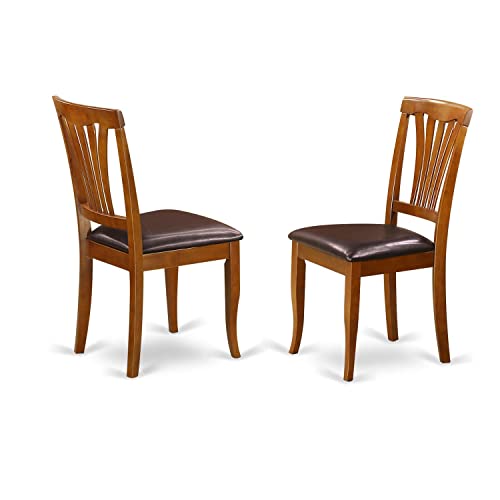 East West Furniture Avon Dining Chair Set Faux Leather Seat and Saddle Brow Finish Hardwood Frame Wood Dining Chair Set of 2
