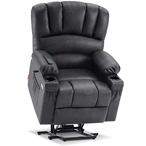 MCombo Electric Power Lift Recliner Chair Sofa with Massage and Heat for Elderly, Extended Footrest, Hand Remote Control, 2 Side Pockets, Cup Holders, USB Ports, Faux Leather 7095 (Medium, Grey)