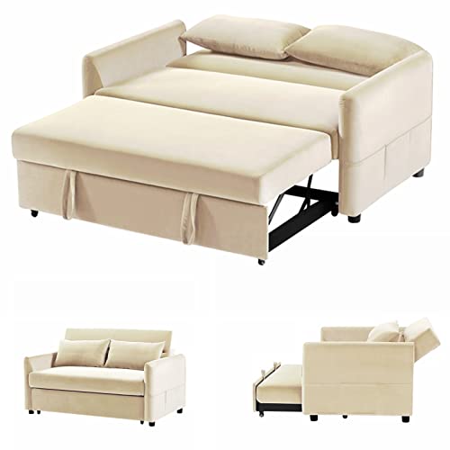 Gynsseh Pull Out Sofa Sleeper, 3 in 1 Adjustable Sleeper Loveseat Pull Out Bed with 2 Lumbar Pillows and Side Pocket, Soft Velvet Convertible Sleeper Sofa Bed for Living Room Bedroom (Beige)