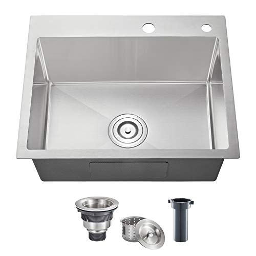 ROVOGO 24 x 18 inches Drop-in Kitchen Sink Single Bowl with 2 Holes, 304 Stainless Steel Handmade Residential Sink with Drain Kit