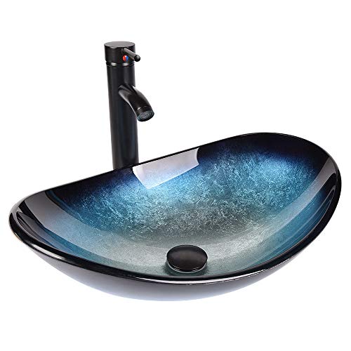 Bathroom Sink and Faucet Combo - Artistic Tempered Glass Vessel Sink Basin Washing Bowl Set, Cabinet Countertop Sink with ORB Oil Rubbed Faucet Pop-up Drain and Water Pipe Lavatory (Oval Ocean Blue) Bathroom Sink and Faucet Combo - Artistic Tempered Glass Vessel Sink Basin Washing Bowl Set, Cabinet Countertop Sink with ORB Oil Rubbed Faucet Pop-up Drain and Water Pipe Lavatory (Oval Ocean Blue)