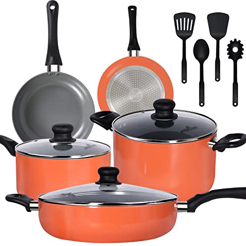 Flamingpan 12 Piece Nonstick Pots and Pans Sets,Kitchen Cookware with Ceramic Coating,Dishwasher Safe,Frying Pan Set with Lid, Induction pans set,Pots and Pans with Clearance,Suitable for Any Cooktop