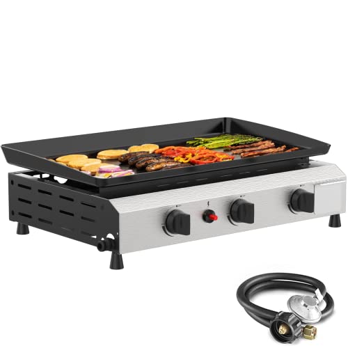 SKOK 3 Burner Gas Griddle- 25.6 Inch Outdoor Propane Griddle- 30000 BTU Propane Fuelled, Portable Flat Top Gas Grill Camping Griddle Station with Side Shelves for Kitchen, Outdoor BBQ, Camping Tailgating or Picnicking (Only Gas Griddle)