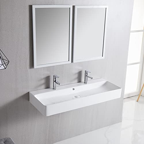 43 inches Wall Hung Trough Sink, Wall Mount Bathroom Vessel Sink with 2 Faucet Holes and Overflow, 43-1/4 x 16-1/2, White (Faucet Not Included)