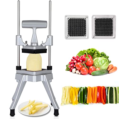 Commercial Vegetable Fruit Chopper Dicer,Heavy Duty Stainless Steel French Fry Cutter Slicer with 1/4" 3/8″ 2 Blades, 4 Non-slip Rubber Feets for Fries Onion Potato Carrot Cucumber Peppers Tomato