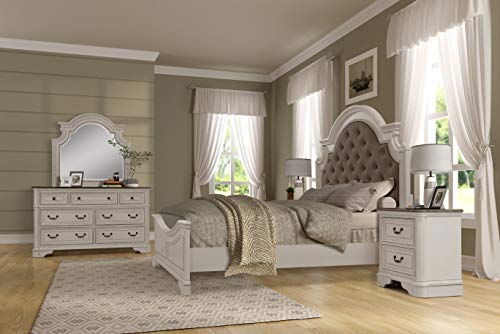 Roundhill Furniture Laval Wood Bedroom Set, Upholstered Queen Bed, Dresser, Mirror, One Nightstand, Antique White and Oak