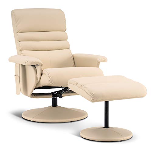 Mcombo Recliner with Ottoman, Reclining Chair with Massage, 360 Swivel Living Room Chair Faux Leather, 7902 (Cream White)