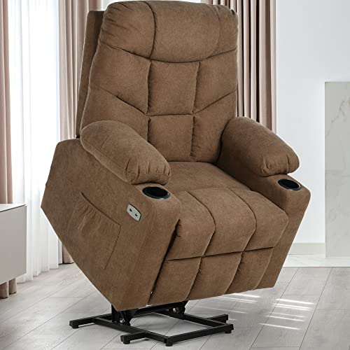 YITAHOME Electric Power Lift Recliner Chair for Elderly, Fabric Recliner Chair with Massage and Heat, Spacious Seat, USB Ports, Cup Holders, Side Pockets, Remote Control (Brown)