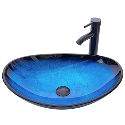 YIMAI Ingenuity Vessel Sink 20.8"x13.7" Bathroom Sinks Tempered Glass Art Basin Oval Bowl with Faucet Combo, Ocean Blue YIMAI Ingenuity Vessel Sink 20.8"x13.7" Bathroom Sinks Tempered Glass Art Basin Oval Bowl with Faucet Combo, Ocean Blue