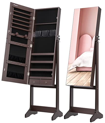 Nicetree Jewelry Cabinet with Full-Length Mirror, Standing Lockable Jewelry Armoire Organizer, 3 Angel Adjustable (Brown)