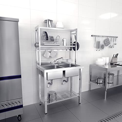 VINGLI 67" 2-Compartment Commercial Sink with Shelves Over & Drying Rack Underneath, 304 Stainless Steel Sink Double Basin with Drain for Restaurant, Freestanding Utility Sink for Laundry Room, Garage VINGLI 67" 2-Compartment Commercial Sink with Shelves Over & Drying Rack Underneath, 304 Stainless Steel Sink Double Basin with Drain for Restaurant, Freestanding Utility Sink for Laundry Room, Garage