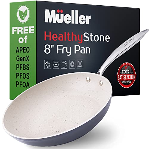 Mueller 8-Inch Non Stick Frying Pans, No PFOA or APEO, Heavy Duty German Stone Coating Cookware, Aluminum Body, EverCool Stainless Steel Handle,L. Grey