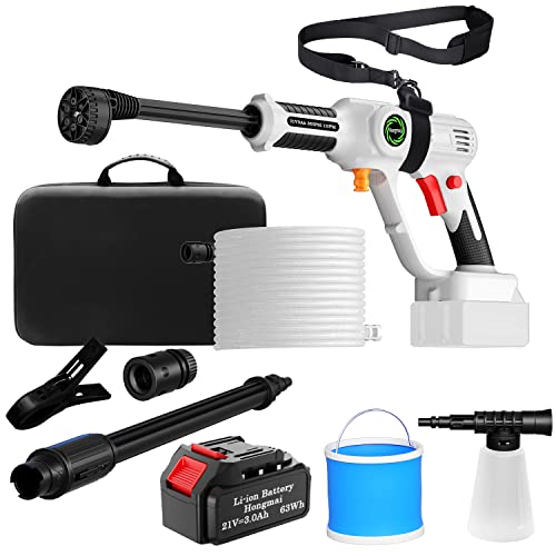 Hongmai Cordless Pressure Washer,Portable Power Washer 363 PSI 1.0 GPM,6-in-1 Nozzle Power Cleaner,21V 3Ah Battery Powered Pressure Washer for Car Washing,Fence Cleaning,Garden Watering (White New)
