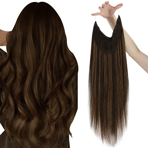 Sunny Fishing Line Extensions Real Human Hair Brown Ombre #2/2/6 Dark Brown Balayage Medium Brown Hair Extensions Fish Wire Invisible Couture Fish Line Hair Extensions Brown Short 12 Inch 80g