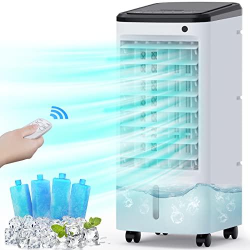 BREEZEWELL 3-IN-1 Evaporative Air Cooler, 22-INCH Small Portable Air Conditioner Fan / Humidifier with 4 Ice Packs,12H Timer & 20FT Remote Controller, 65° Oscillating Swamp Cooler for Room