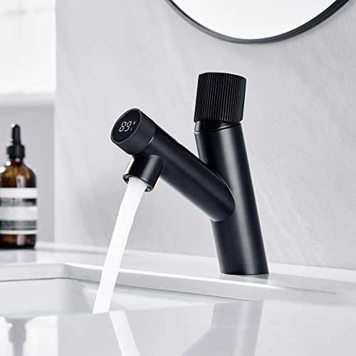 Bathroom Faucet,Temperature Display,HEILAIYI Sink Faucet,Brass Body,Anti-Skid Switch,Hot and Cold Dual Control,Suitable for Single Hole and Three Holes(Black)