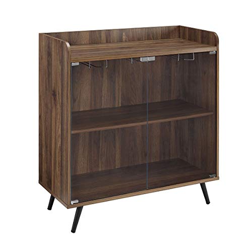 Walker Edison Margot Mid Century Modern Double Glass Door Bar Cabinet, 30 Inch, Dark Walnut
