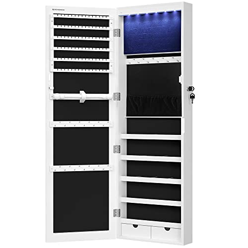 SONGMICS 6 LEDs Mirror Jewelry Cabinet, 47.2"H Lockable Wall/Door Mounted Jewelry Armoire Organizer with Mirror, 2 Drawers, White UJJC93W SONGMICS 6 LEDs Mirror Jewelry Cabinet, 47.2"H Lockable Wall/Door Mounted Jewelry Armoire Organizer with Mirror, 2 Drawers, White UJJC93W