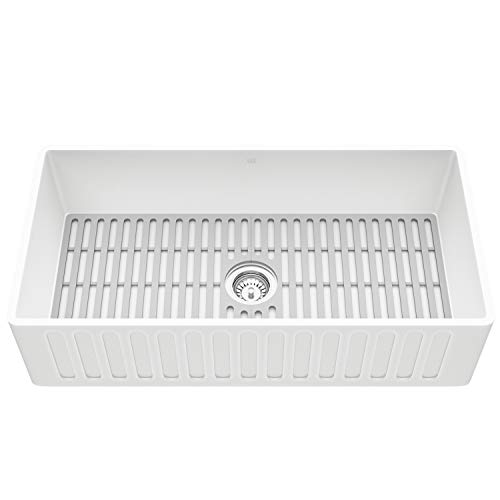 36 Inch VIGO Single Bowl Matte Stone Farmhouse Slotted Reversible Flat Apron Front Undermount Kitchen Sink in Matte White with Grid & Strainer