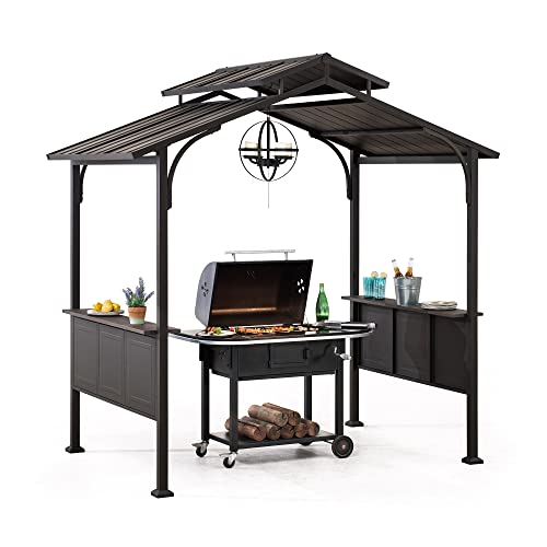 Sunjoy Grill Gazebo 5 ft. x 8 ft. Brown Steel Frame Double Tiered Hardtop Gazebo with Ceiling Hook and Shelves