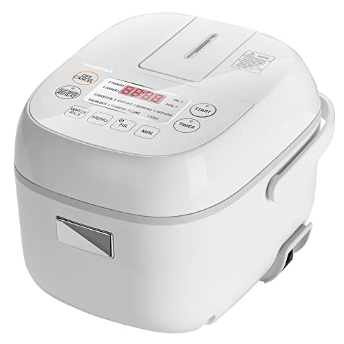 Toshiba Small Rice Cooker 3 Cup Uncooked – LCD Display with 8 Cooking Functions, Fuzzy Logic Technology, 24-Hr Delay Timer and Auto Keep Warm, Non-Stick Inner Pot, White