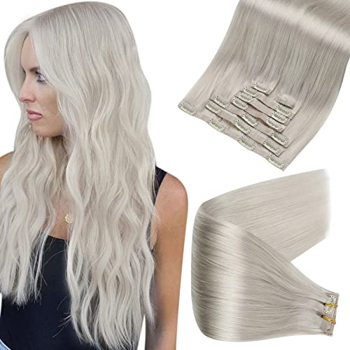 Full Shine Clip in Hair Extensions Real Human Hair 18inch Clip in Human Hair Seamless Hair Extensions Clip in Color 1000 White Blonde 8Pieces 120g Real Hair Clip in Extensions