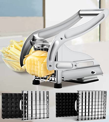 French Fry Cutter with 2 Blades, Professional Potato Cutter Stainless Steel, Potato Slicer French Fries, Press French Fries Cutter for Potato Cucumber Carrot Onion Vegetables