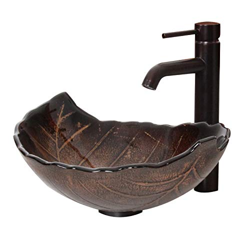 ELITE Autumn Leaves Design Tempered Bathroom Glass Vessel Sink & Oil Rubbed Bronze Faucet Combo ELITE Autumn Leaves Design Tempered Bathroom Glass Vessel Sink & Oil Rubbed Bronze Faucet Combo