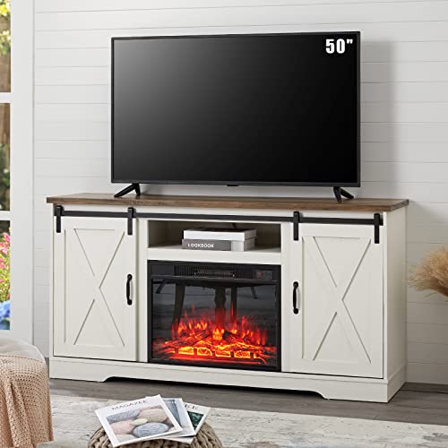 Amerlife Fireplace TV Stand Sliding Barn Door Wood Entertainment Center with a 23'' Electric Fireplace Insert, Modern Farmhouse Storage Cabinet Console for TVs Up to 65", Distressed White & Barnwood