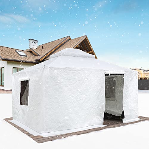 Gazebo Accessories 12' x 16' Universal Winter Gazebo Cover for Hardtop Gazebos,Enclosed Cover with Sidewalls and Mesh Windows Waterproof (White) by domi outdoor living