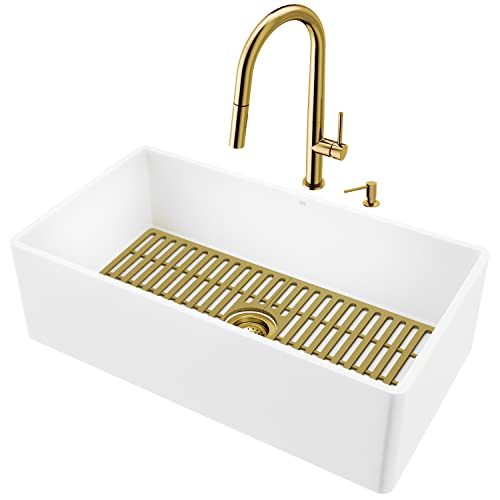 33 Inch VIGO Single Bowl Matte Stone Farmhouse Flat Apron Front Undermount Kitchen Sink in Matte White with Greenwich Pull-Down Kitchen Faucet in Matte Gold, Soap Dispenser & Strainer