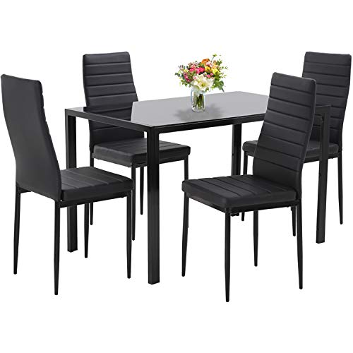Dining Table Set Dining Room Table Set 5-Piece Kitchen Dining Table Set with 4 Faux Leather Metal Frame Chairs Rectangular Modern for Small Spaces w/Glass Tabletop Kitchen Table and Chairs