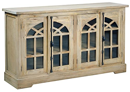 Sunset Trading Cottage Arched Glass Door Credenza Solid Wood Display Cabinet | Fully Assembled Sideboard Buffet Server, 63" Wide, Distressed Driftwood Brown