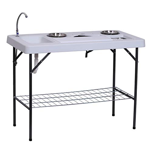 Outsunny Portable Folding Camping Table with Sink, Faucet, Dual Stainless Steel Basins, and Accessories for Fish Cleaning, 50" Outsunny Portable Folding Camping Table with Sink, Faucet, Dual Stainless Steel Basins, and Accessories for Fish Cleaning, 50"