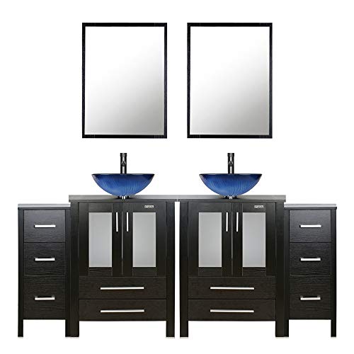 eclife 72ββ Bathroom Vanity Sink Combo Black W/Side Cabinet Vanity Ocean Blue Round Tempered Glass Vessel Sink & 1.5 GPM Water Save Faucet & Solid Brass Pop Up Drain, with Mirror (2A11 2B11) eclife 72ββ Bathroom Vanity Sink Combo Black W/Side Cabinet Vanity Ocean Blue Round Tempered Glass Vessel Sink & 1.5 GPM Water Save Faucet & Solid Brass Pop Up Drain, with Mirror (2A11 2B11)