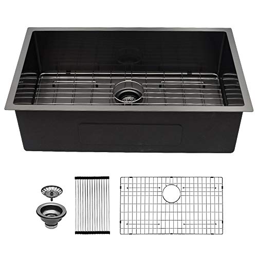 33 Undermount Kitchen Sink - Sarlai 33 inch Gunmetal Black Stainless Steel 16 Gauge Nano Coating Undermount Single Bowl Kitchen Sink Basin
