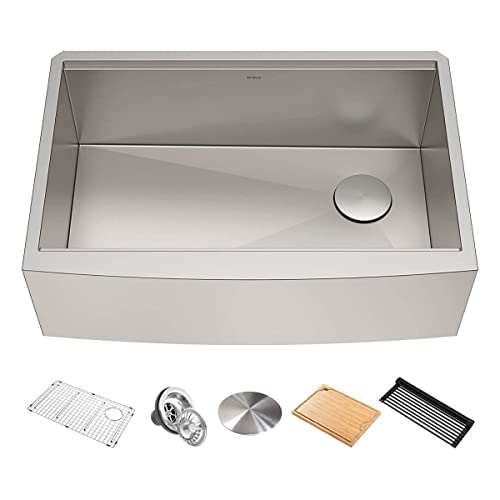 KRAUS Kore Workstation 36-inch Farmhouse Flat Apron Front 16 Gauge Single Bowl Stainless Steel Kitchen Sink with Integrated Ledge and Accessories (Pack of 5), KWF410-36