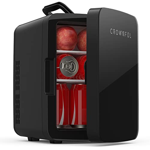 CROWNFUL Mini Fridge, 10 Liter/12 Can Portable Cooler and Warmer Personal Refrigerator for Skincare, Food, Beverage, Plugs for Home Outlet & 12V Car Charger Included, ETL Listed (Black)