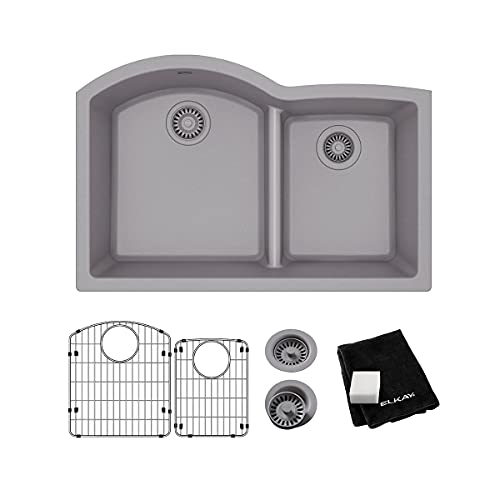 Elkay Quartz Classic ELGHU3322RGS0C 33" x 22" x 10", Offset 60/40 Double Bowl Undermount Sink Kit with Aqua Divide, Greystone