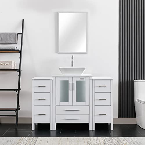 eclife 48” White Bathroom Vanity Sink Combo W/White Side Cabinet Modern Stand Pedestal W/Square White Ceramic Vessel Sink, Chrome Bathroom Solid Brass Faucet, Pop Up Drain Combo, W/Mirror(A072B11W)