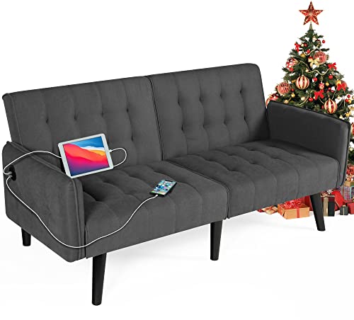 TYBOATLE 65“ Modern Fabric Linen Upholstered Convertible 2 USB Ports Folding Futon Couch Sofa Bed, Foldable Loveseat Furniture for Compact Small Space, Dorm, Living Room Apartment, Office (Dark Grey) TYBOATLE 65“ Modern Fabric Linen Upholstered Convertible 2 USB Ports Folding Futon Couch Sofa Bed, Foldable Loveseat Furniture for Compact Small Space, Dorm, Living Room Apartment, Office (Dark Grey)