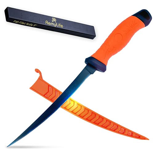 Sharp Boning Fillet Knife Fishing - Professional Heavy Duty Stainless Metal Flexible Outdoor Filet Knifes for Fish Sheath Set Processing Salmon Halibut Codfish Easy Cleaning 9 Inch by Remylife