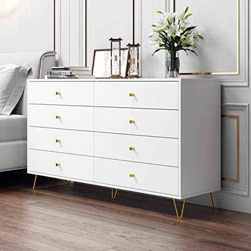 Homsee Double Dresser with 8 Drawers, Wood Storage Chest of Drawers Dresser Chest with Metal Legs for Bedroom, Living Room & Hallway, White (55.1”L x 15.7”W x 31.5”H)