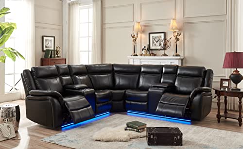 Power Reclining Sectional Sofa Set Faux Leather Recliner Couch with LED Lights/USB Port/Console Storage/Cup Holders Home Theater Sectional Sofa